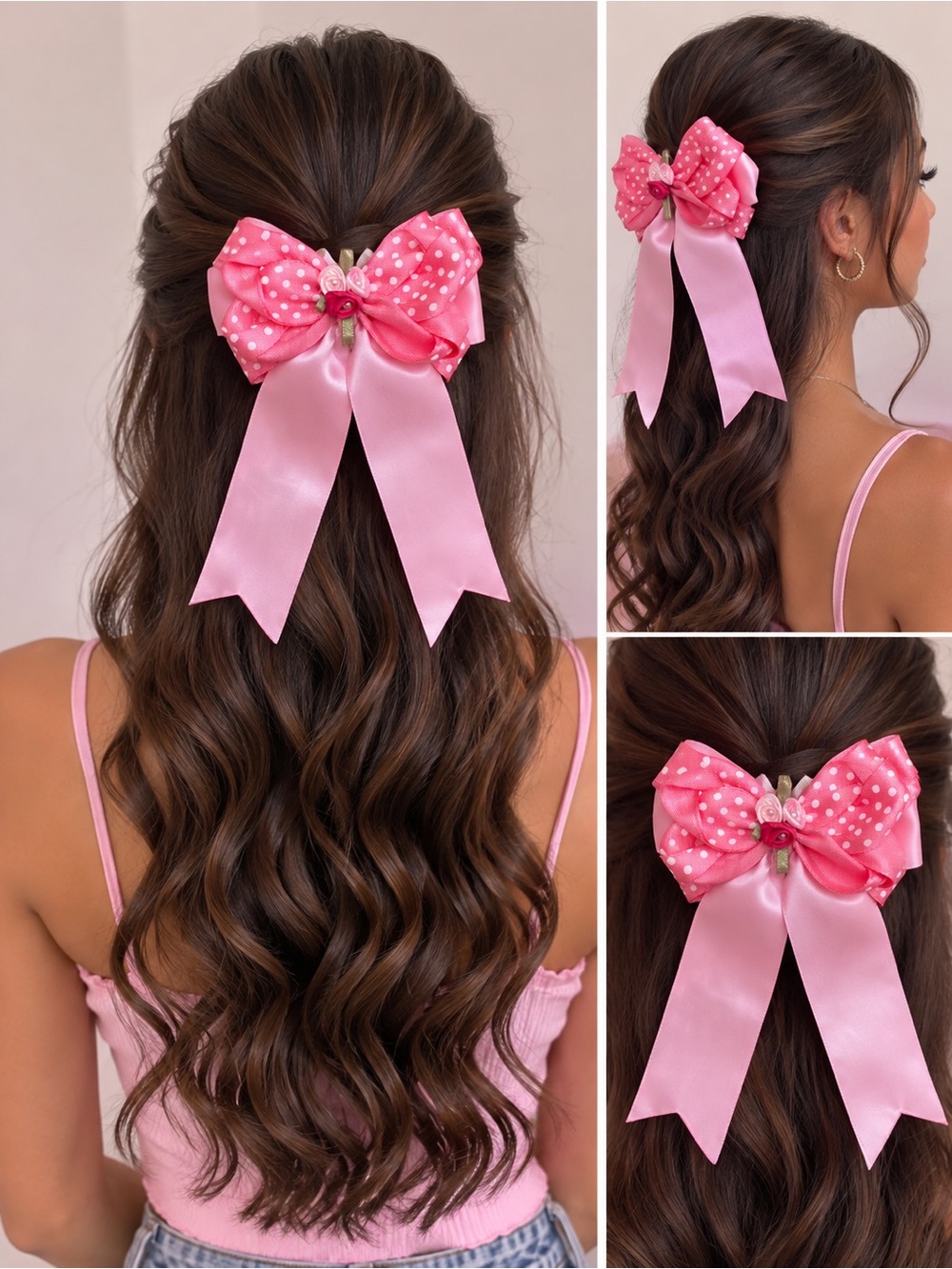 Pink Polka Dot Satin Bow Hair Clip